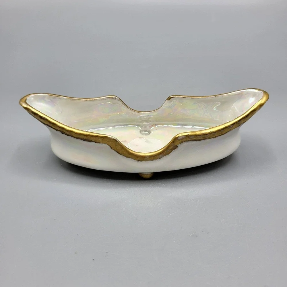 Prov Saxe Germany Trinket Dish Set Vintage Lusterware Gold Trim Footed White